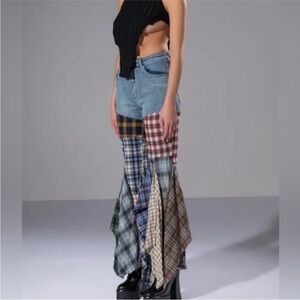 Rehab Lab Re-Imagined Flannel Patchwork Flare Jeans Boho Grunge Size Large